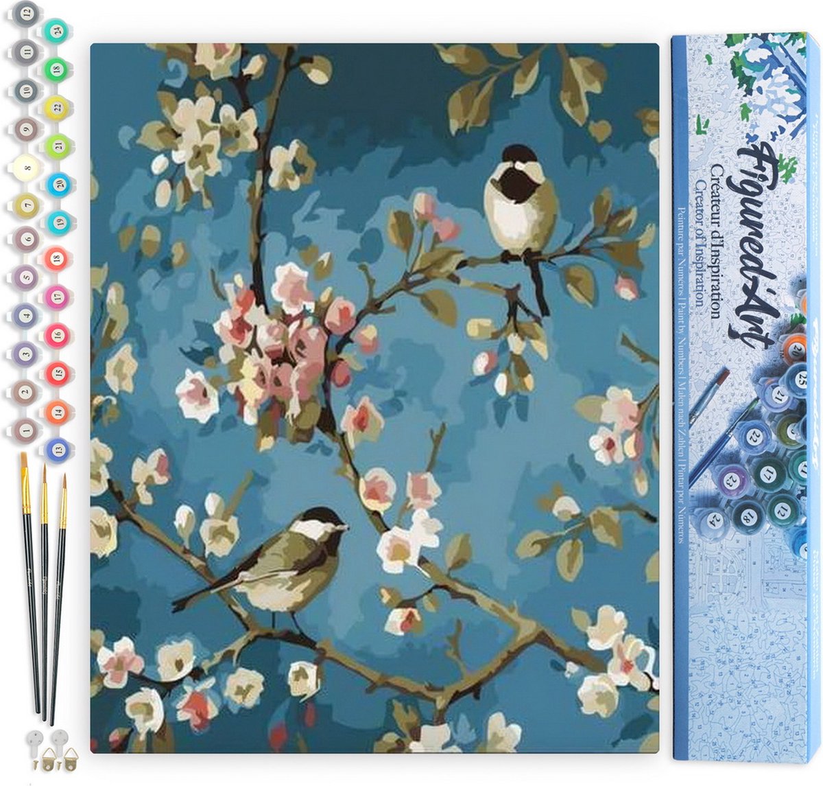 FiguredArt Schilderen op Nummer Volwassenen canvas Bloemen en vogels - Handwerk acrylverf Kit DIY Compleet - 40x50cm zonder frame